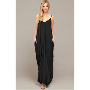 City Chic Black Maxi V Neck Dress Oversized Spaghetti Strap Pockets Small 16 NEW